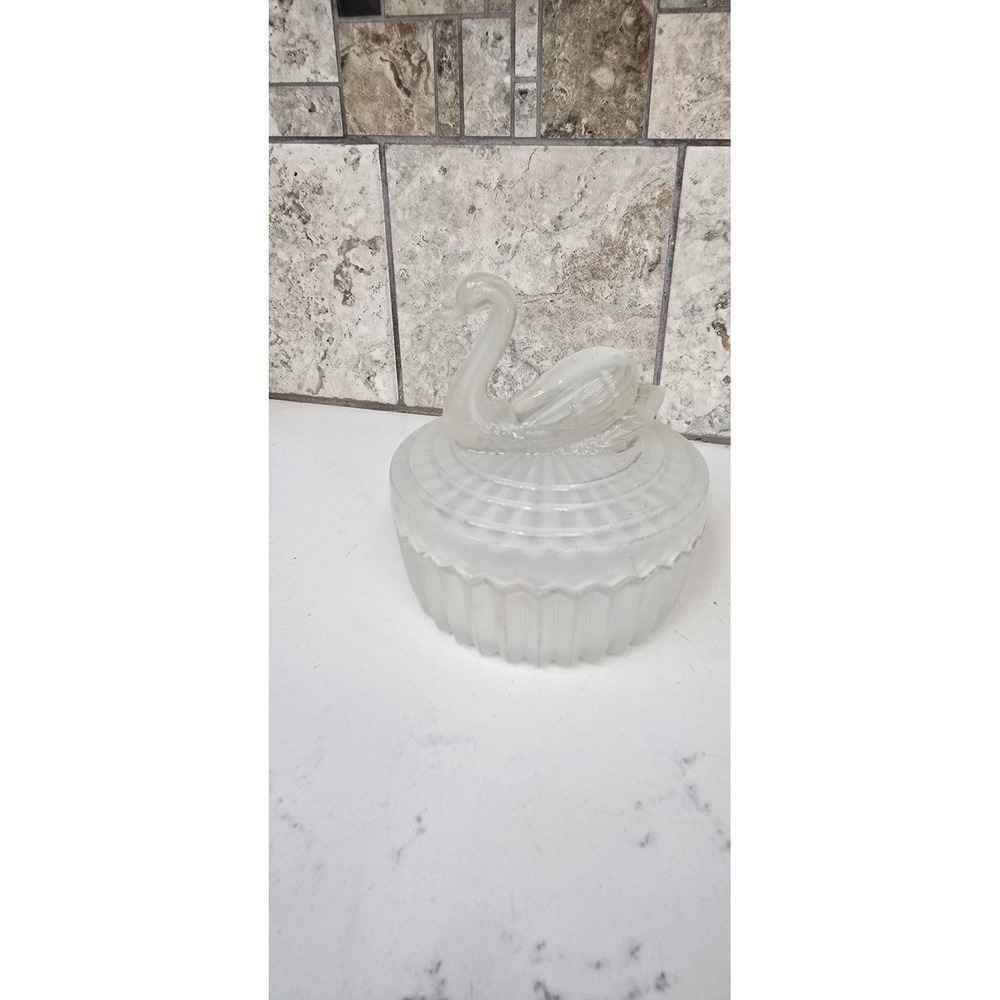 Vintage Frosted Glass Swan Trinket Dish Ribbed Vanity lipstick holder